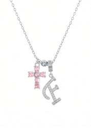 Pink Cross Alphabets Necklace - Silver