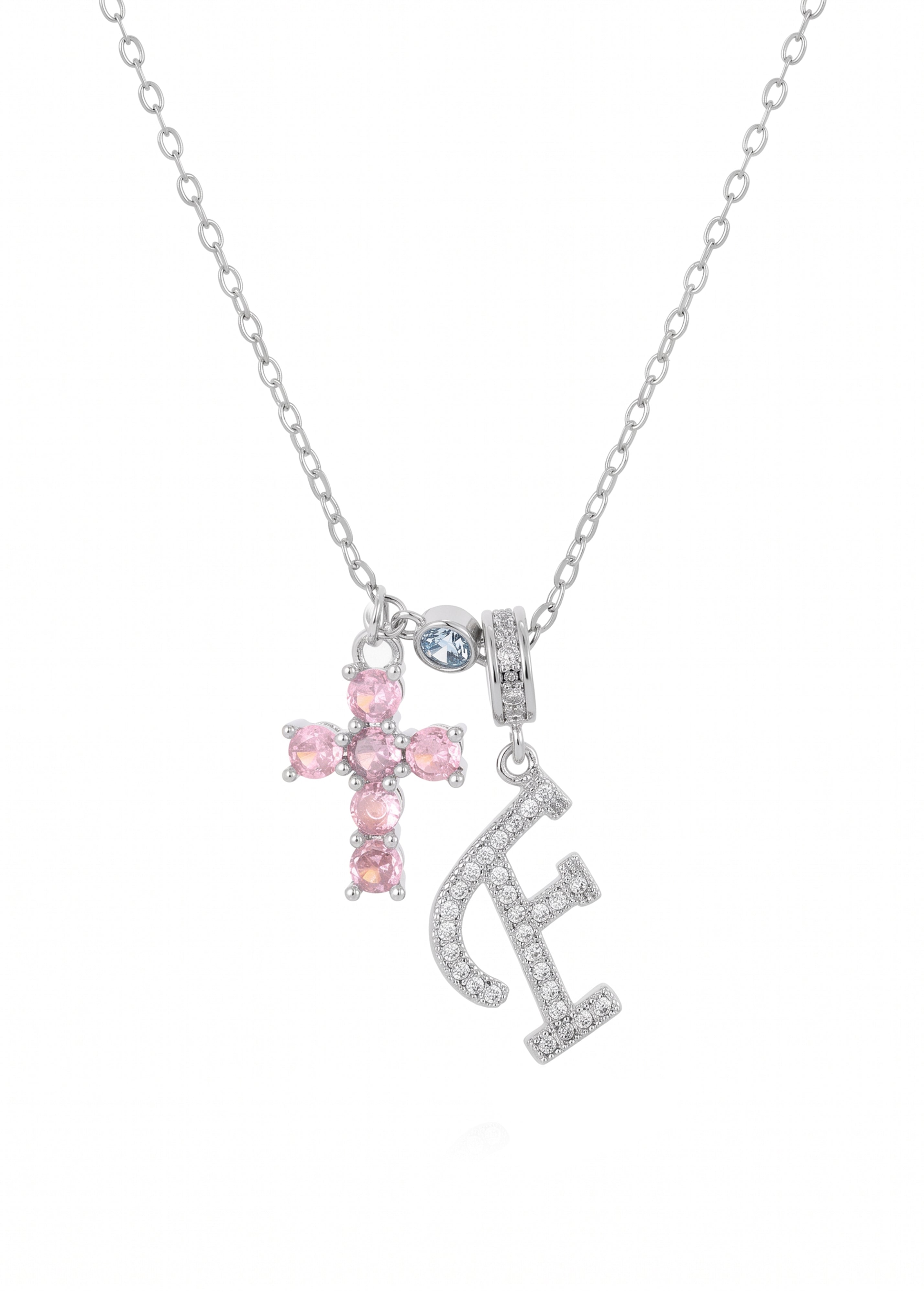 Pink Cross Alphabets Necklace - Silver