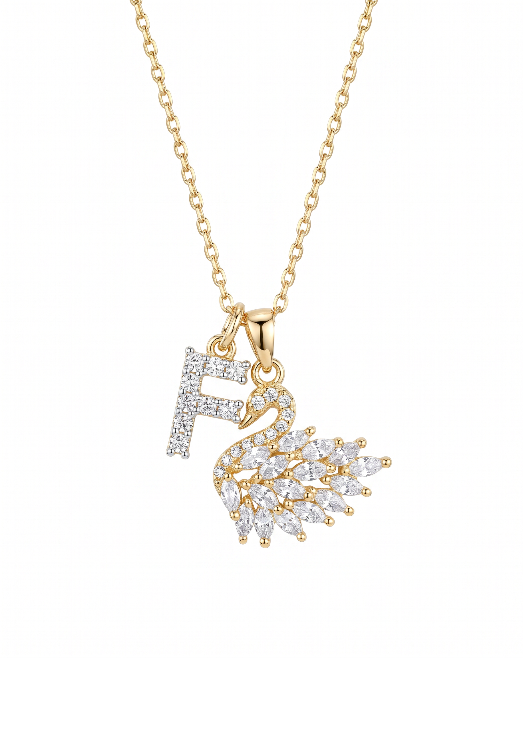 White Swan Wings Alphabets Golden Necklace