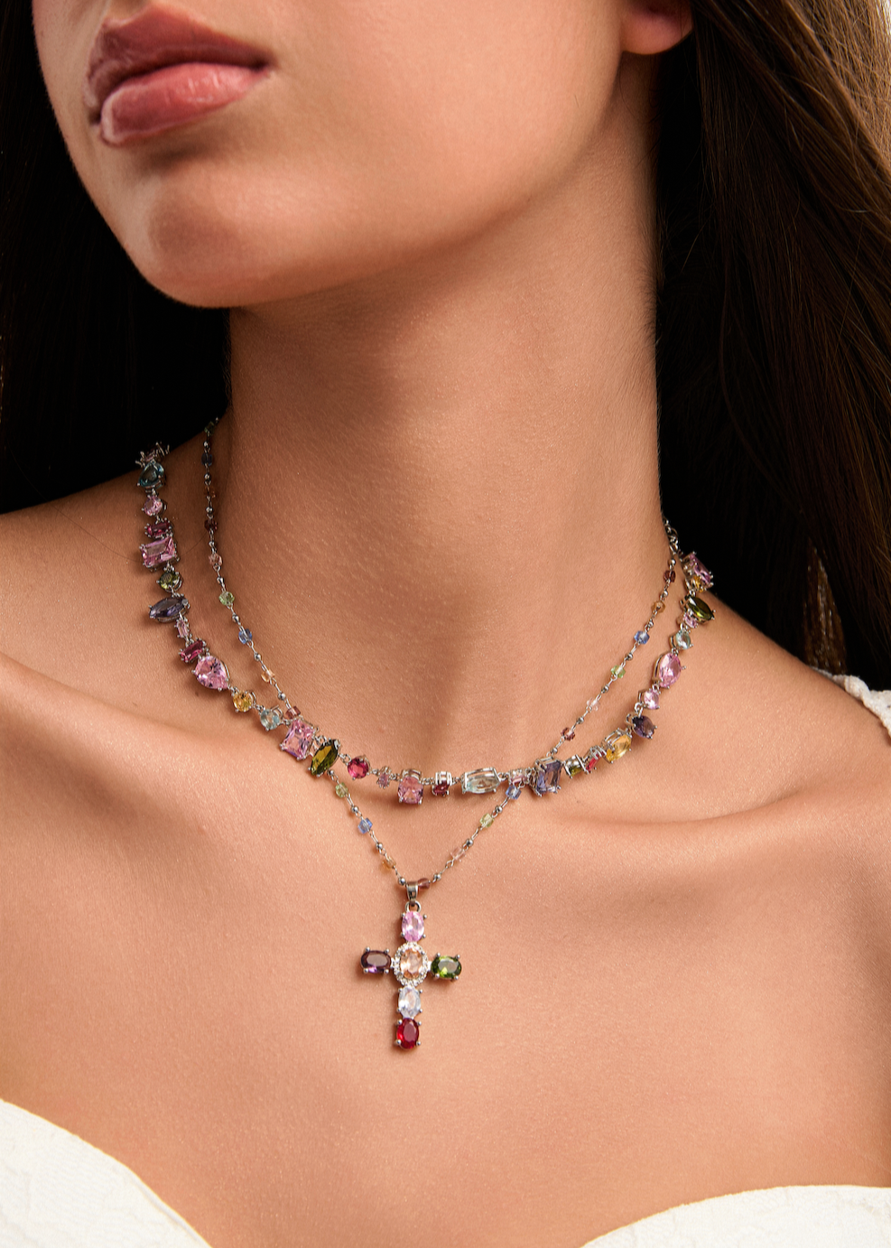 Geraldine Colorful Crystal Cross Silver Necklace