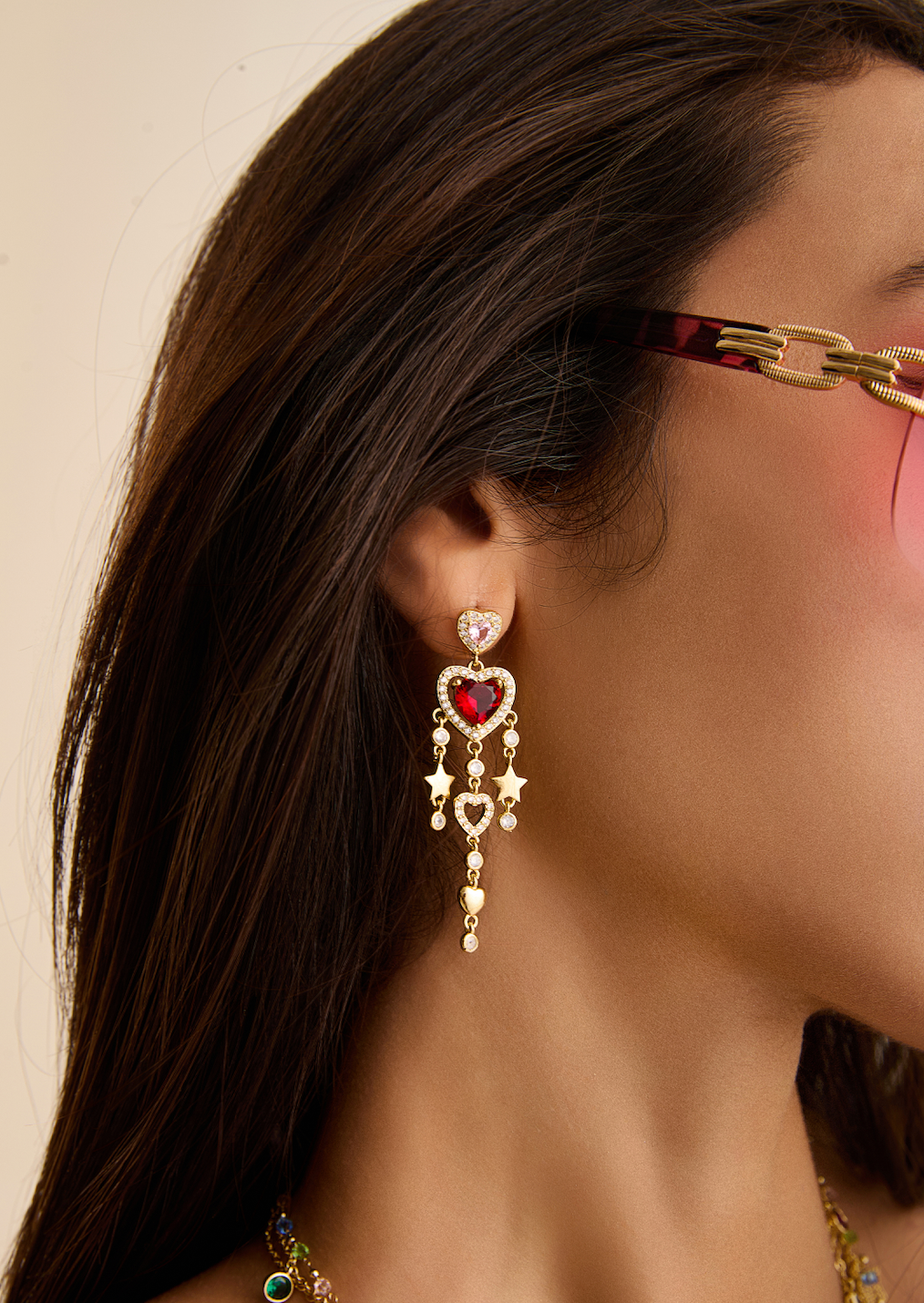 Amanne Red Heart Stars Golden Earrings