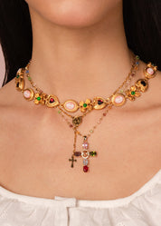 Geraldine Colorful Crystal Cross Golden Necklace