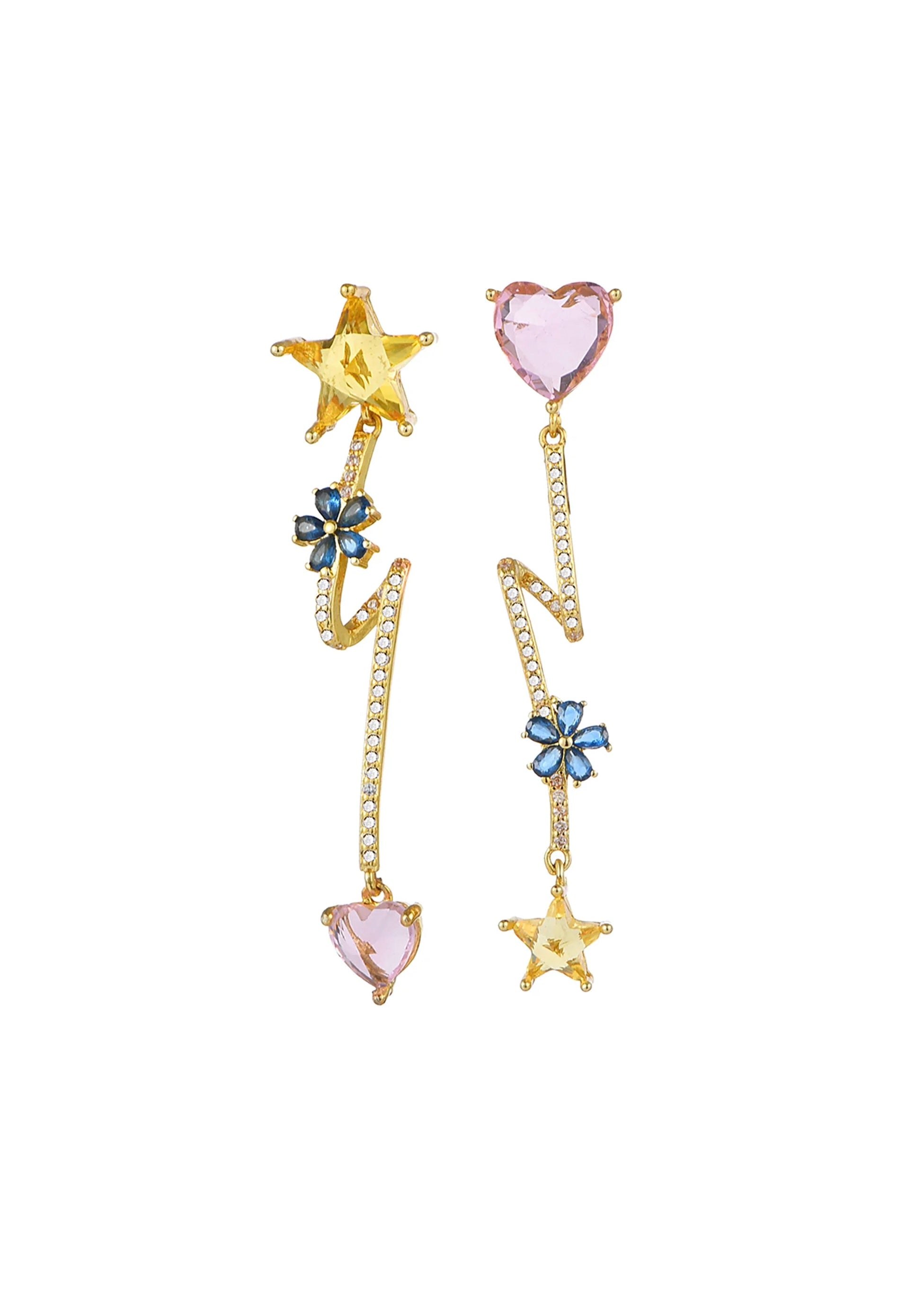 Raymond Star And Heart Pink Yellow Earrings