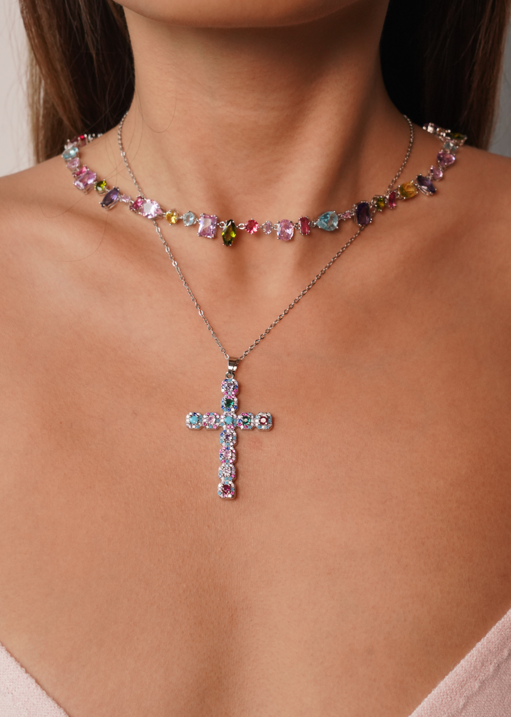 Kylie Colorful Crystals Silver Necklace