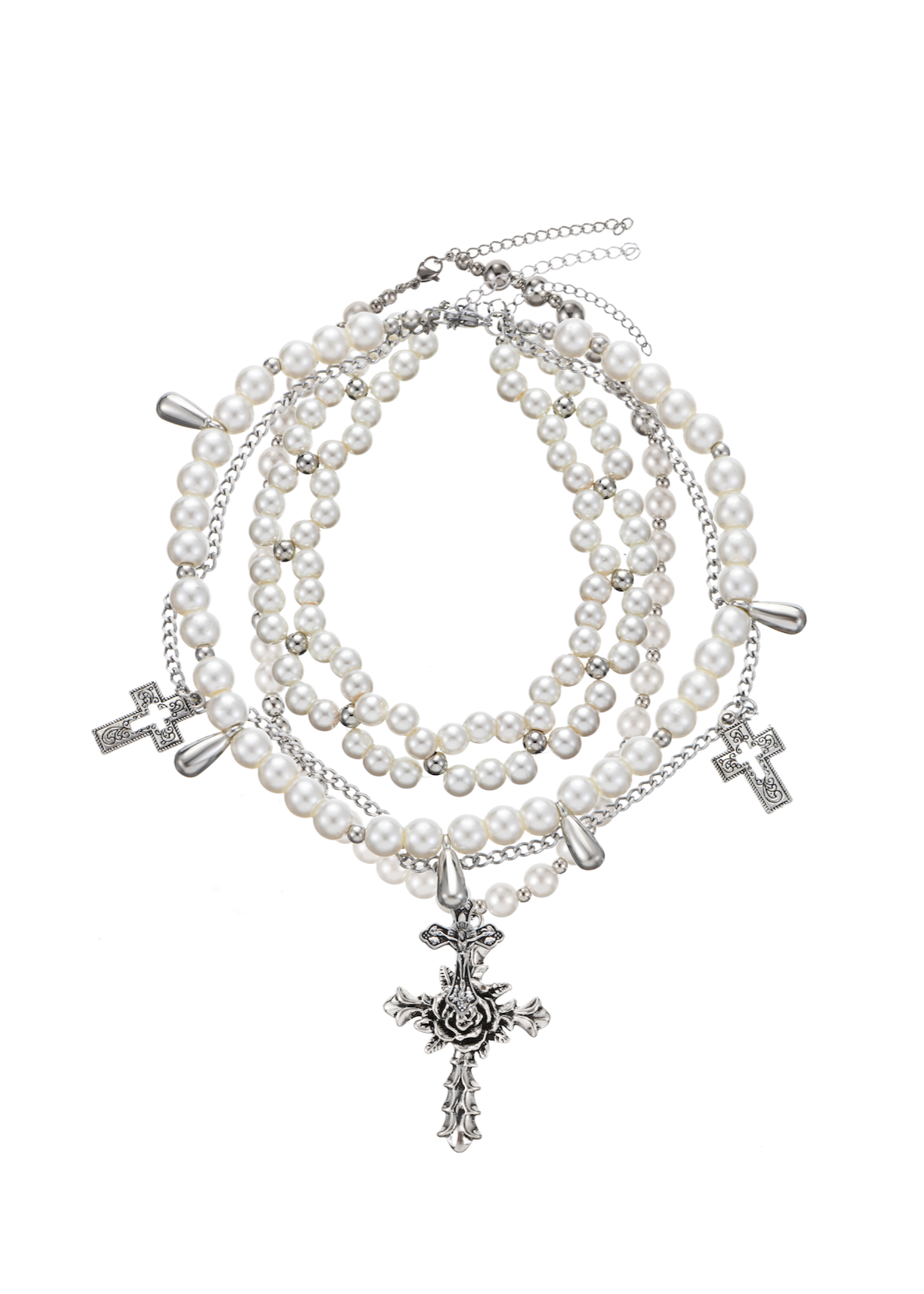 Mary White Rose Cross Pearl Long Layer Necklace