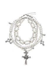 Mary White Rose Cross Pearl Long Layer Necklace