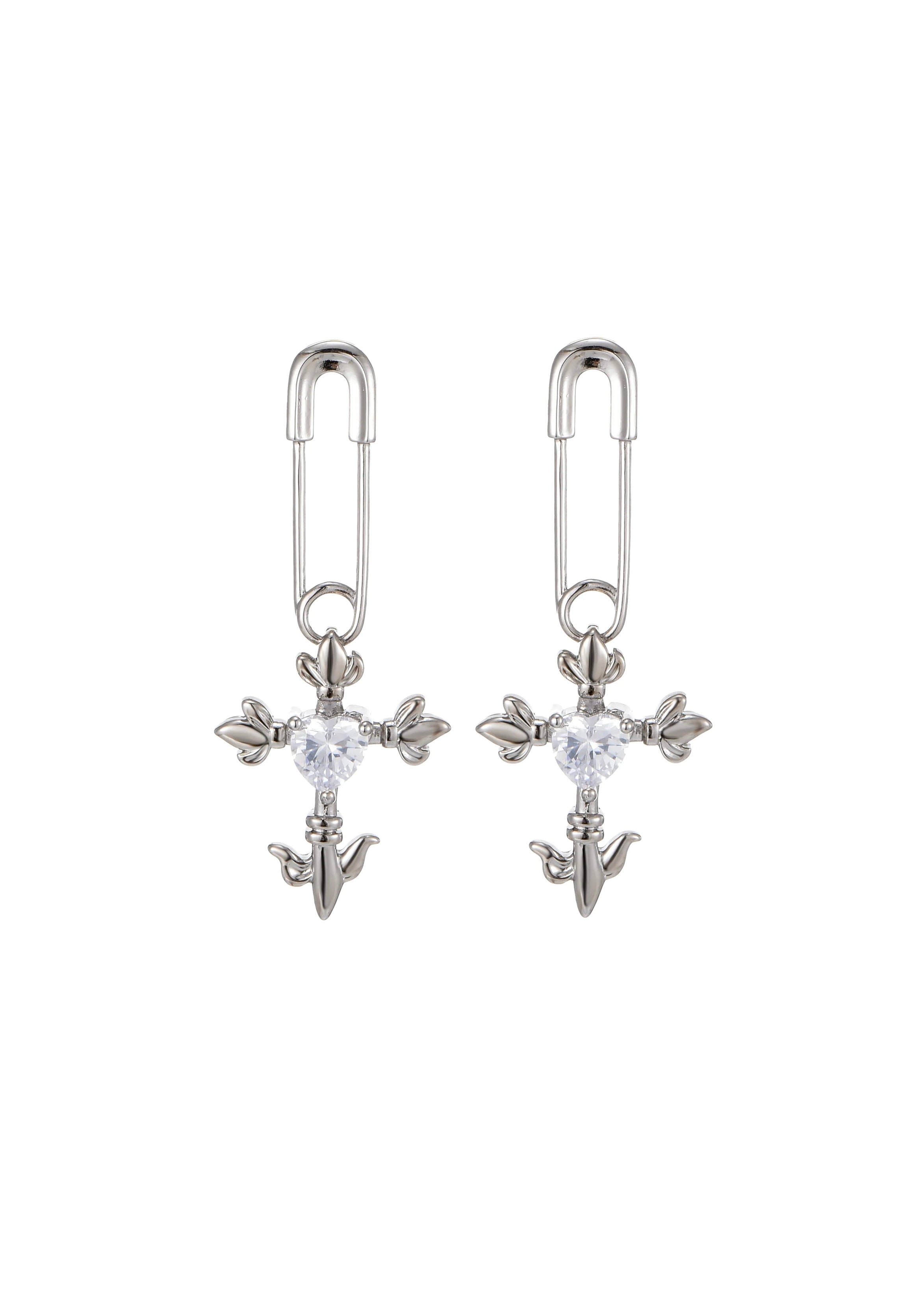 Foufou Fantasy Love Cross Heart Silver Earrings