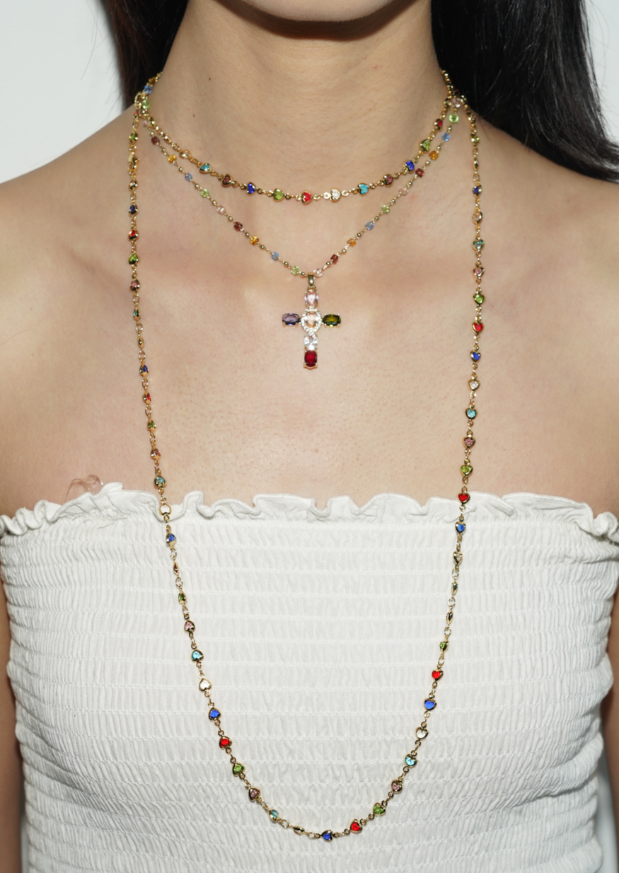 Michelle Colorful Hearts Love Golden XL Long Lariat Necklace