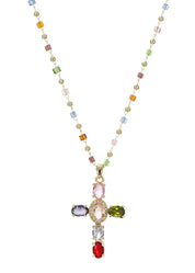 Geraldine Colorful Crystal Cross Golden Necklace