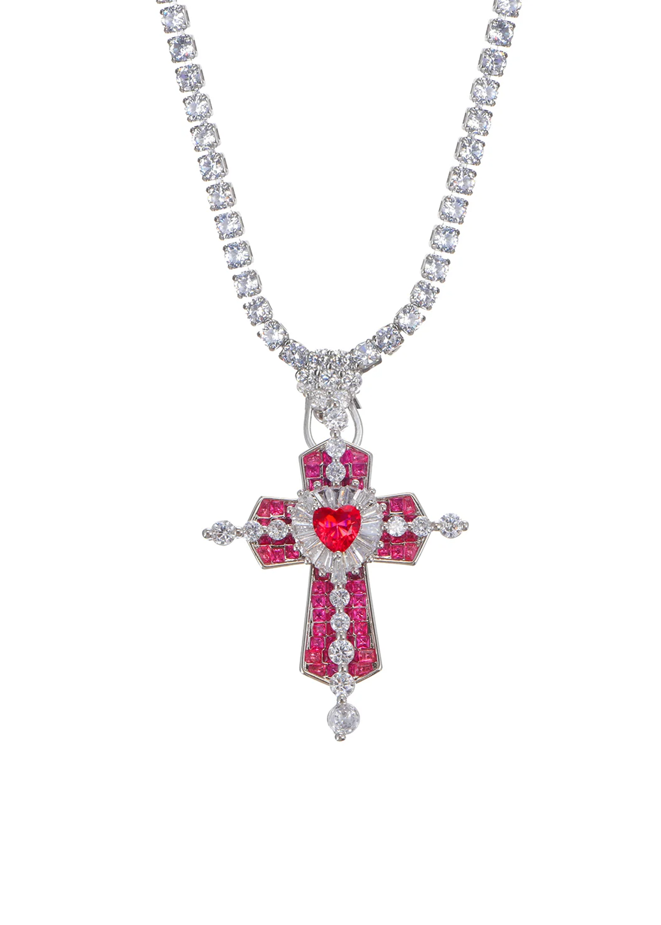 Trya Red Heart Cross Glitterling Necklace - Royal