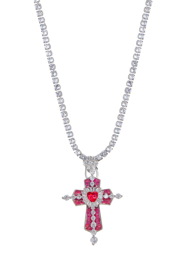 Trya Red Heart Cross Glitterling Necklace - Royal