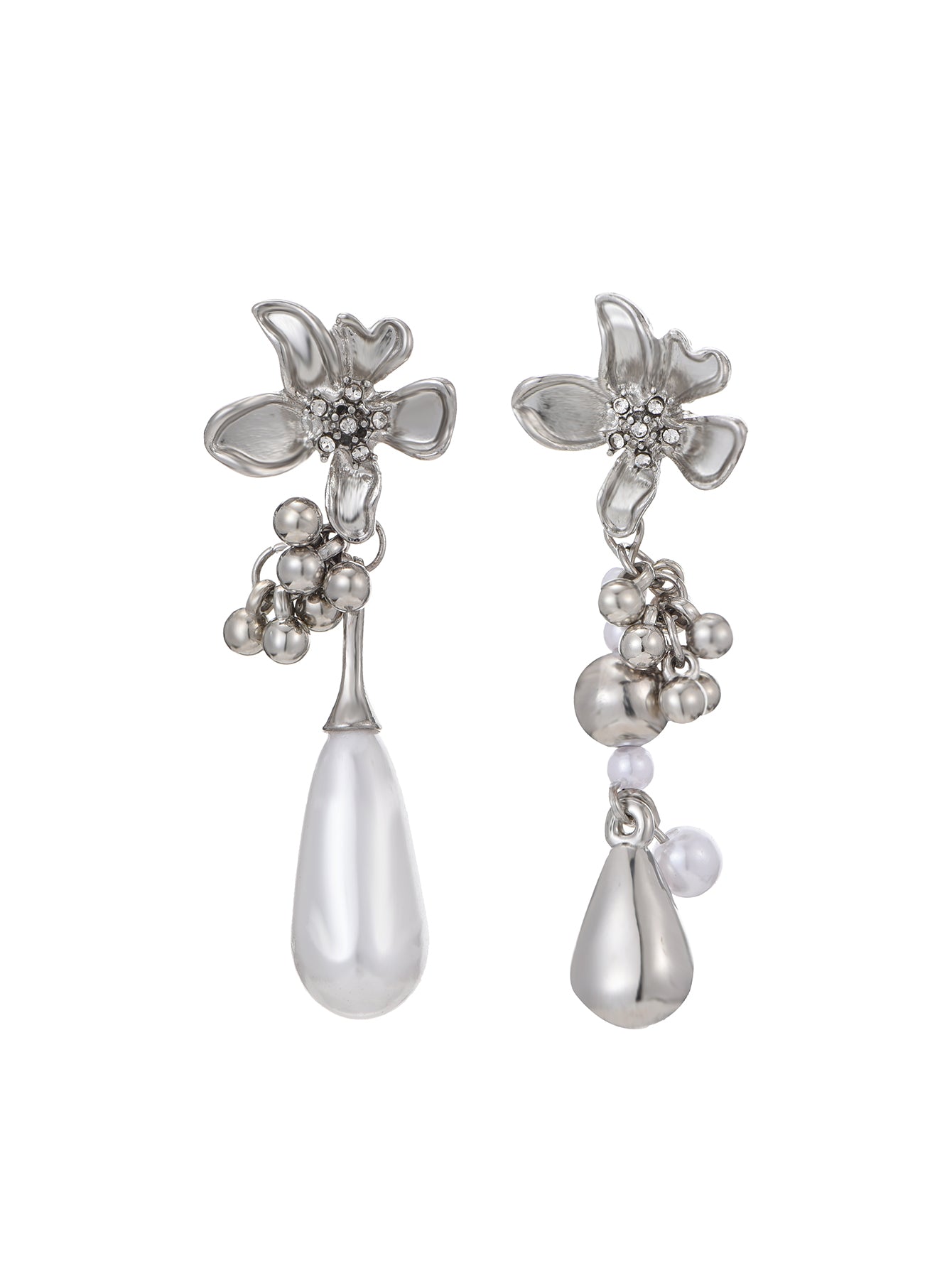 Pearl And Spring Flower Asymetric Silver Earrings