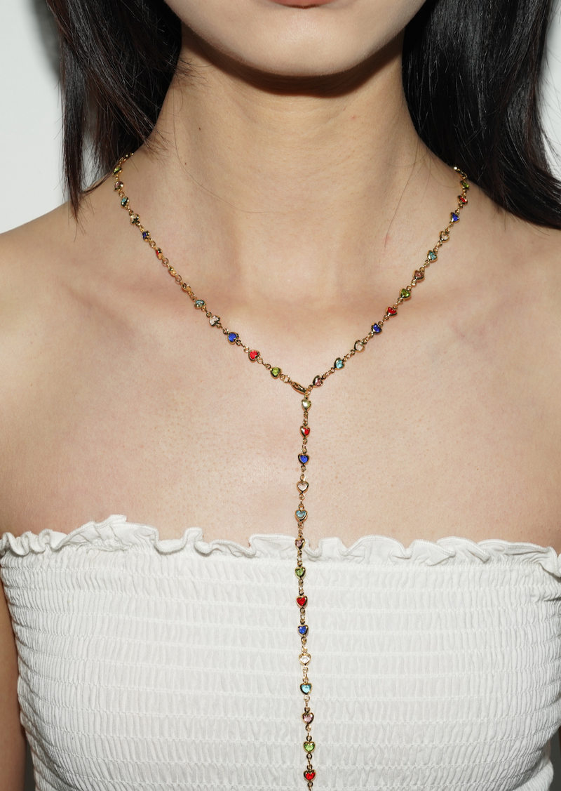 Michelle Colorful Hearts Love Golden XL Long Lariat Necklace