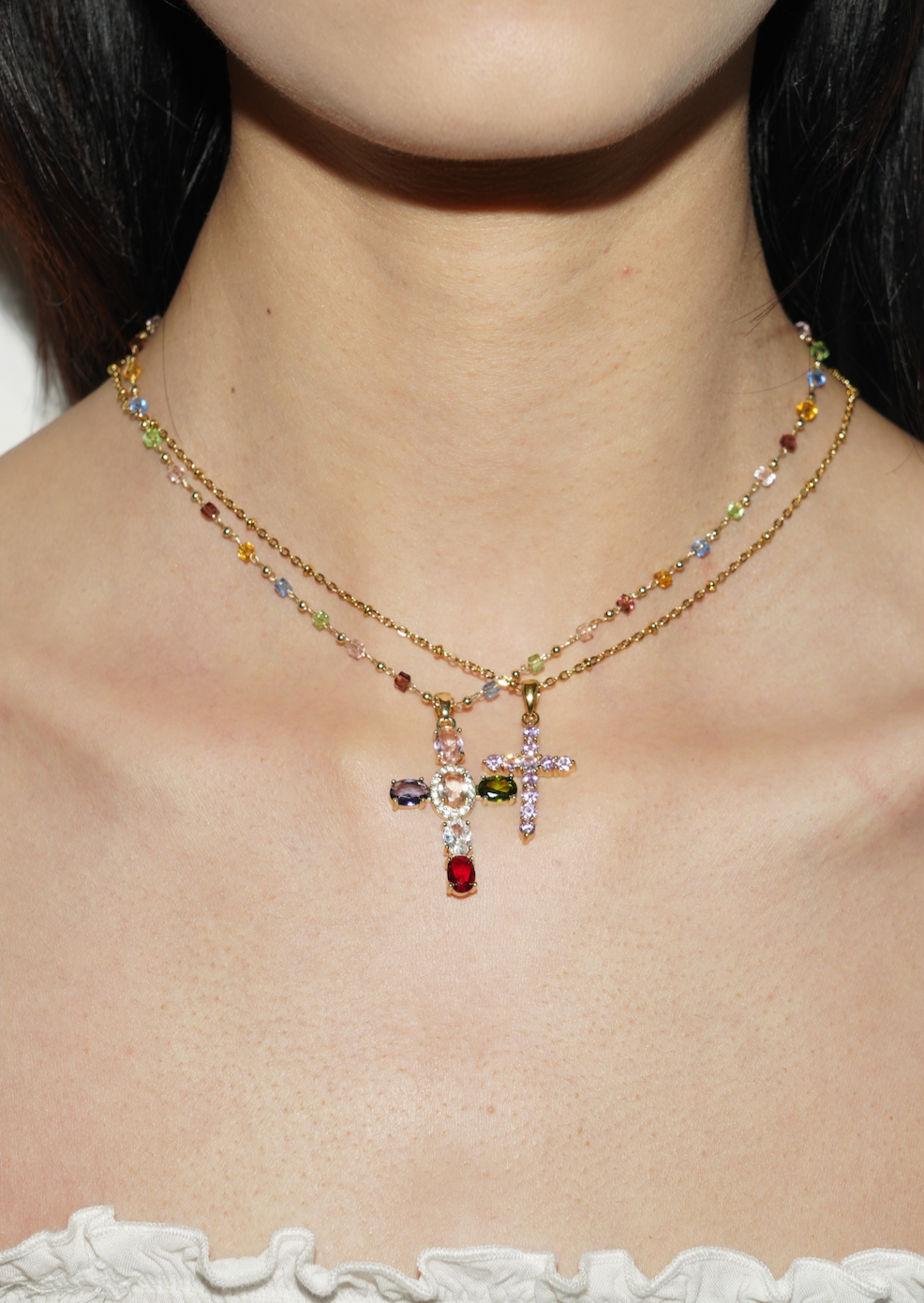 Geraldine Colorful Crystal Cross Golden Necklace