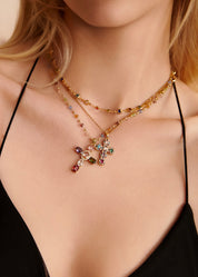 Geraldine Colorful Crystal Cross Golden Necklace