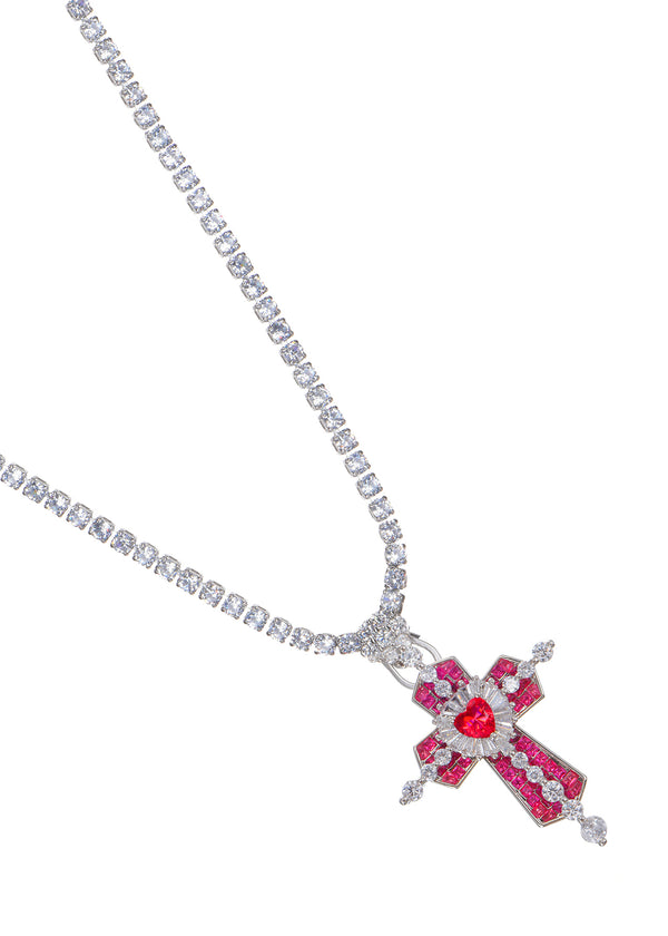 Trya Red Heart Cross Glitterling Necklace - Royal