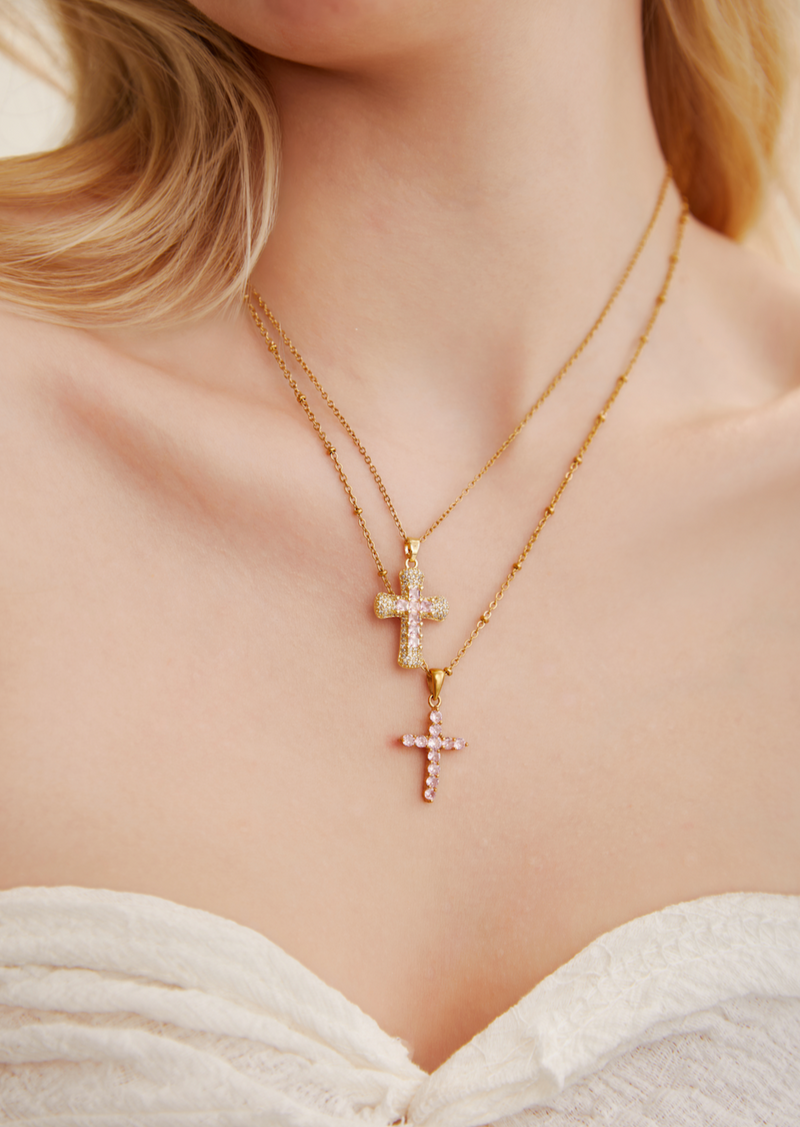 Grace Pink Golden Cross Necklace