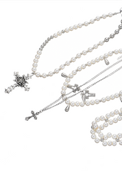 Mary White Rose Cross Pearl Long Layer Necklace