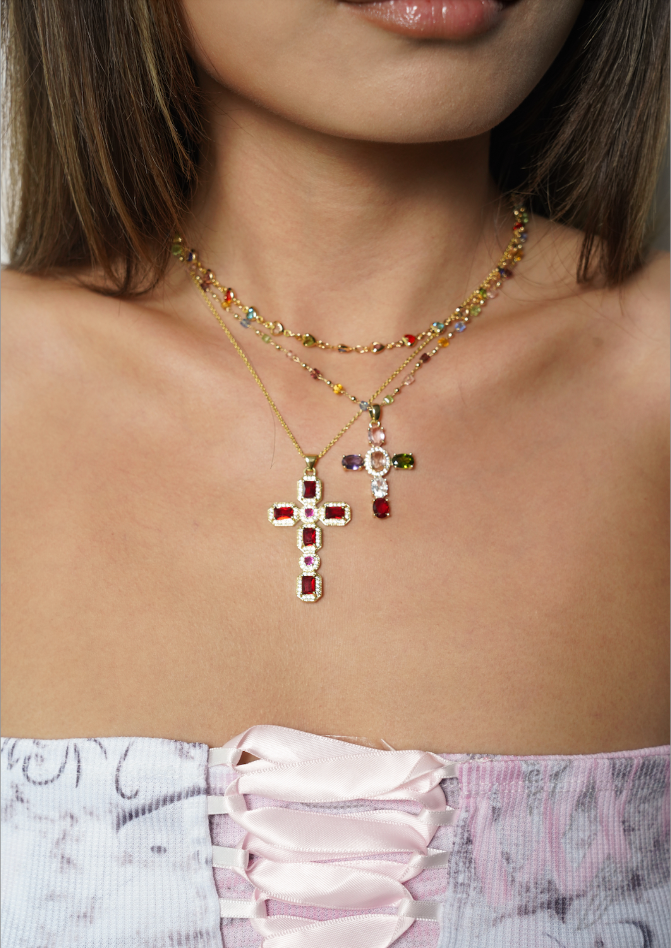 Geraldine Colorful Crystal Cross Golden Necklace