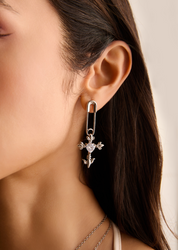 Foufou Fantasy Love Cross Heart Silver Earrings