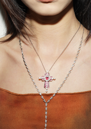 Trya Red Heart Cross Glitterling Necklace