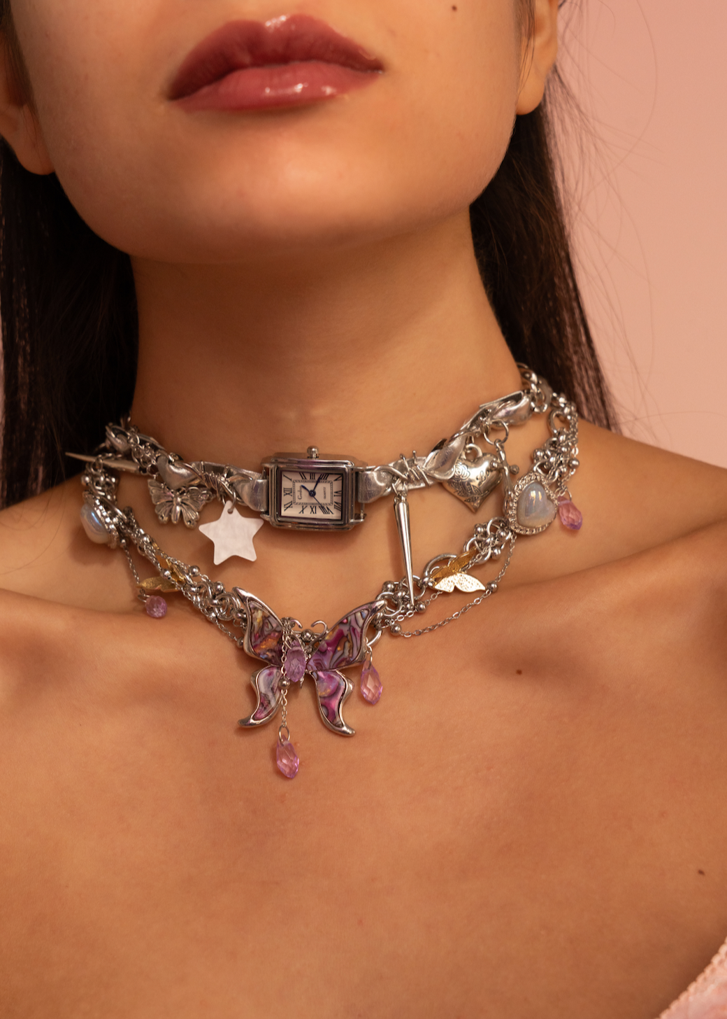 Midnight O'Clock Y2k Grunge Silver Choker Necklace