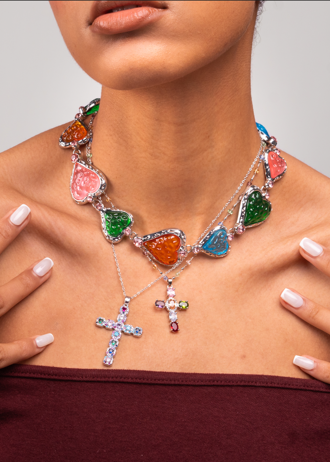 Geraldine Colorful Crystal Cross Silver Necklace – Vintage Jewelry Geraldine Colorful Crystal Cross Silver Necklace – Vintage Jewelry