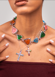 Geraldine Colorful Crystal Cross Silver Necklace