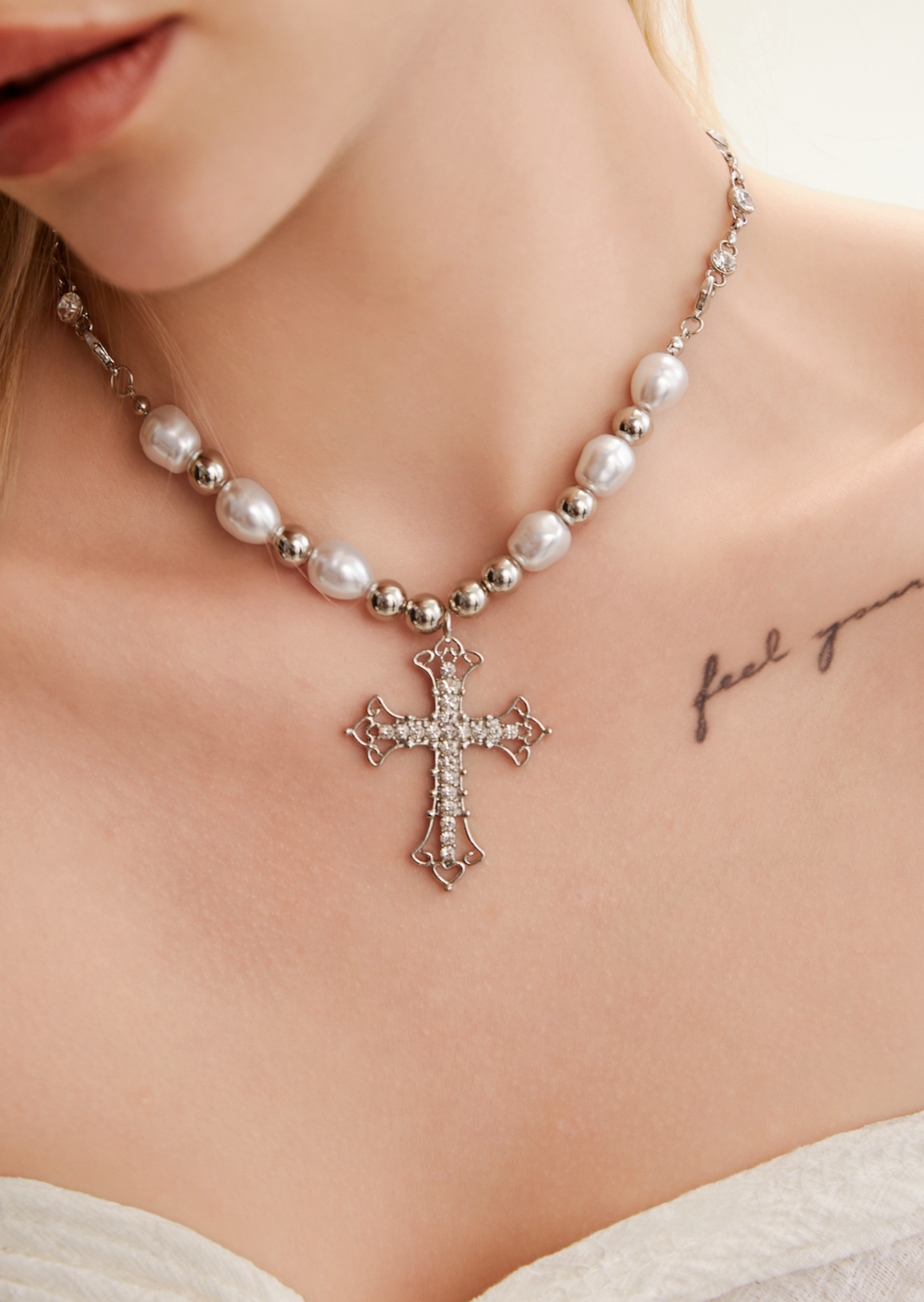 Vintage Pearl Cross Necklace