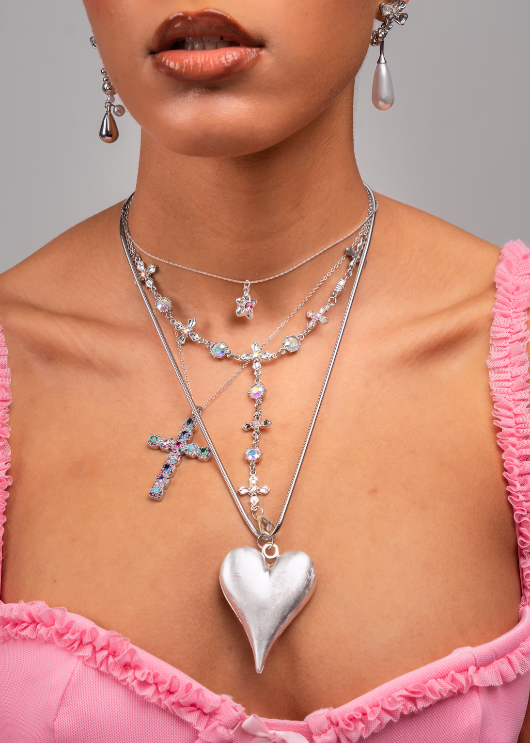 【LA MER MA MAISON】24FW★ SILVER BUTTON NECKLACE Meer Glittering Cross Silver Lariat Necklace – Maison Foufou