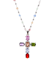 Geraldine Colorful Crystal Cross Silver Necklace