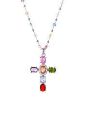 Geraldine Colorful Crystal Cross Silver Necklace
