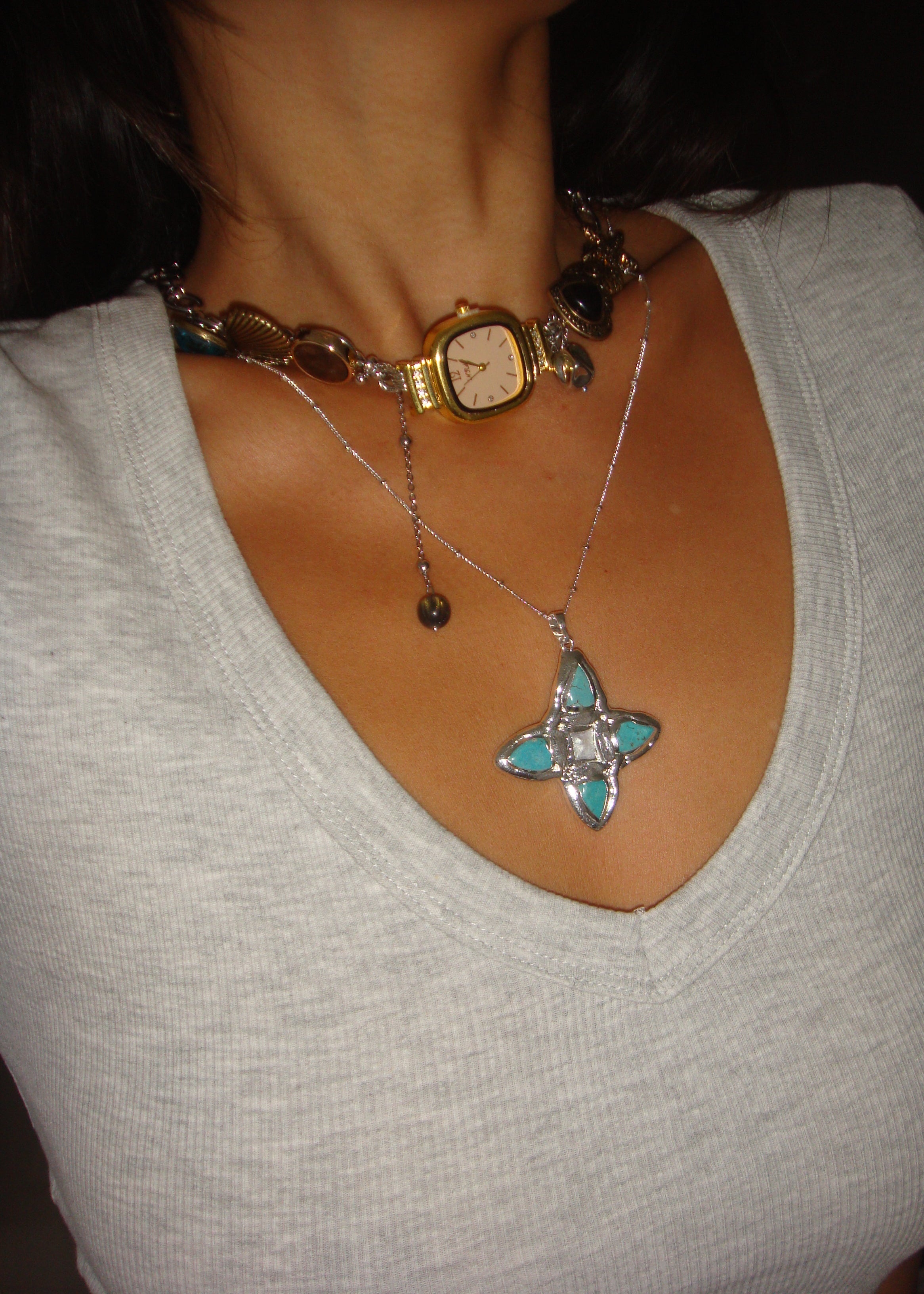 Lou Turquoise Shell Cross Summer Silver Necklace – Vintage Jewelry