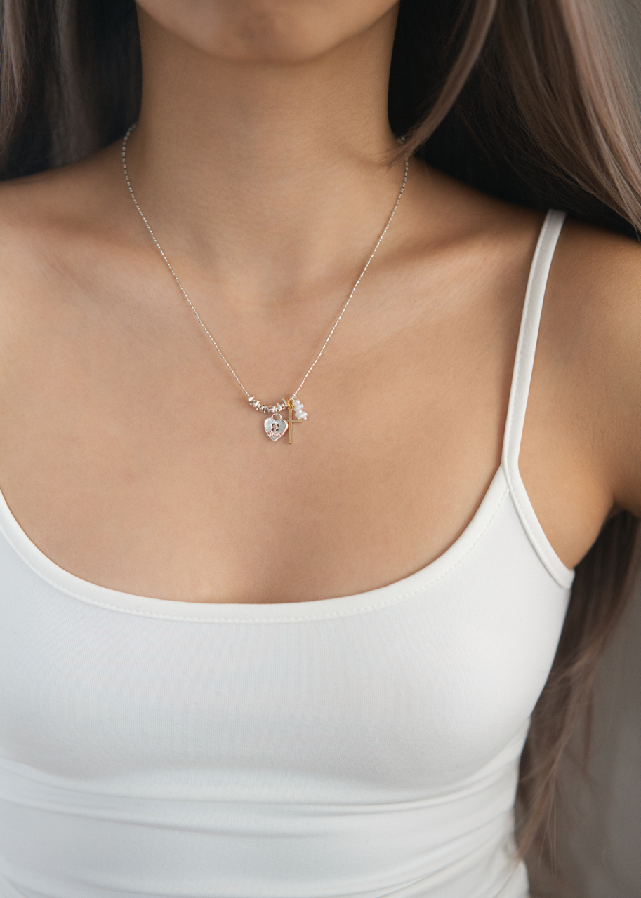 Mary Heart Cross Silver Necklace