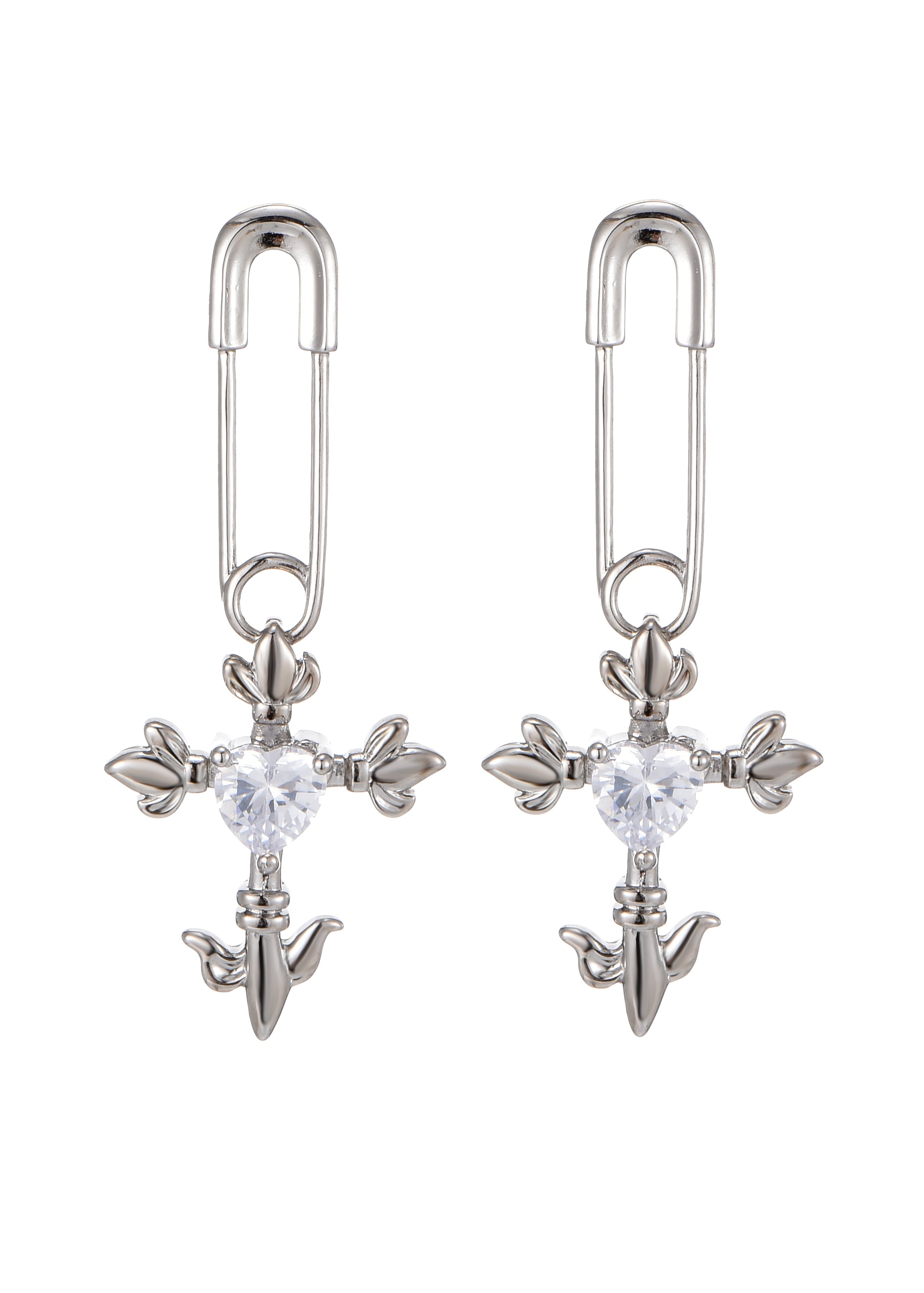 Foufou Fantasy Love Cross Heart Silver Earrings