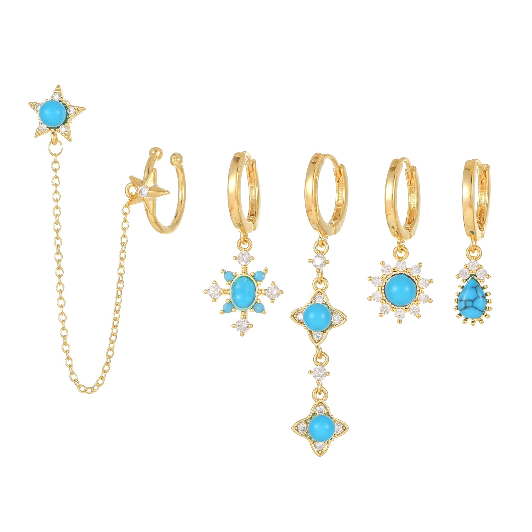 Petit Gaia Blue Turquoise Sun Golden Earrings Set