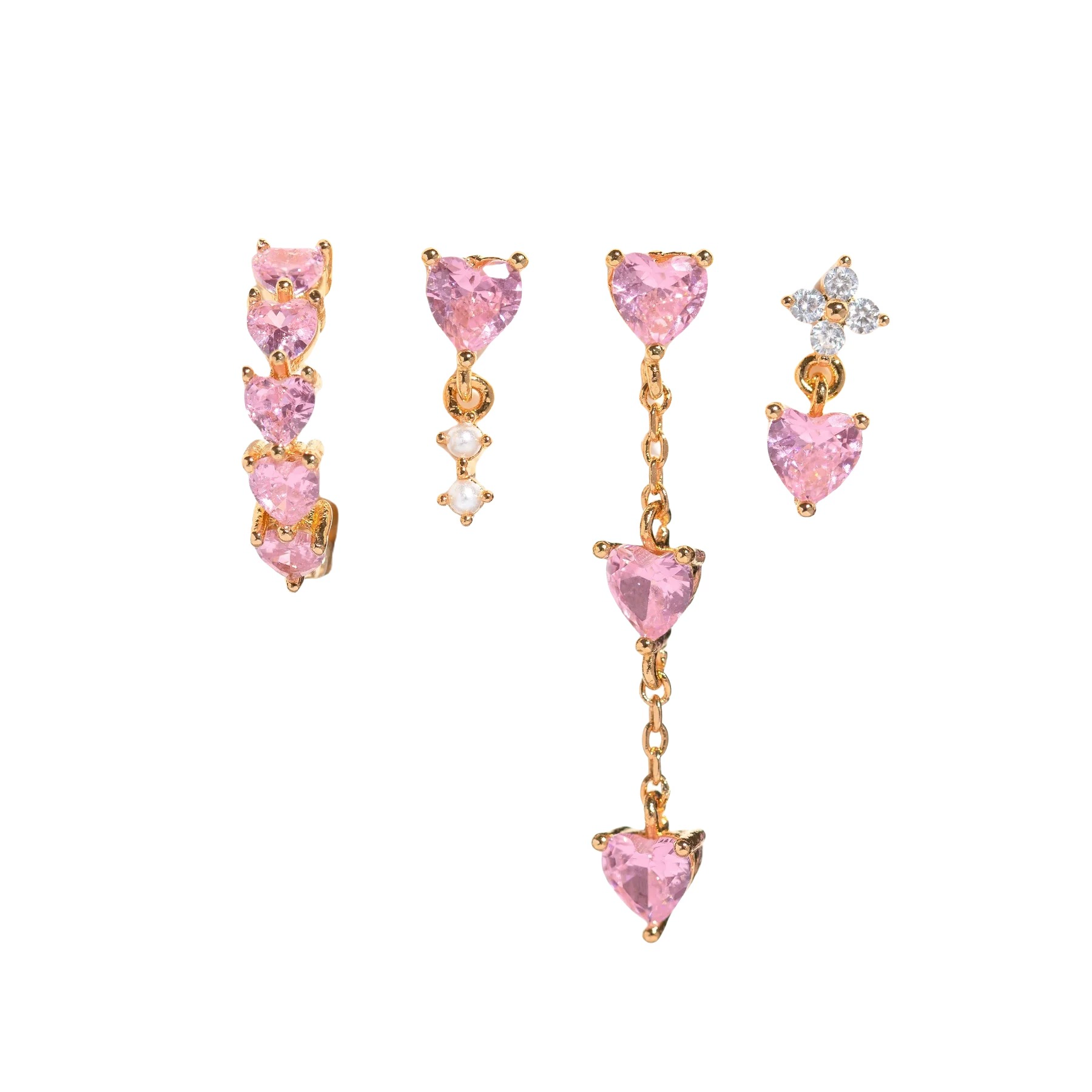 Petit Luna Pink Heart Golden Earrings Set