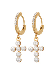 Rachael Pearl Cross Golden Hoop Earrings