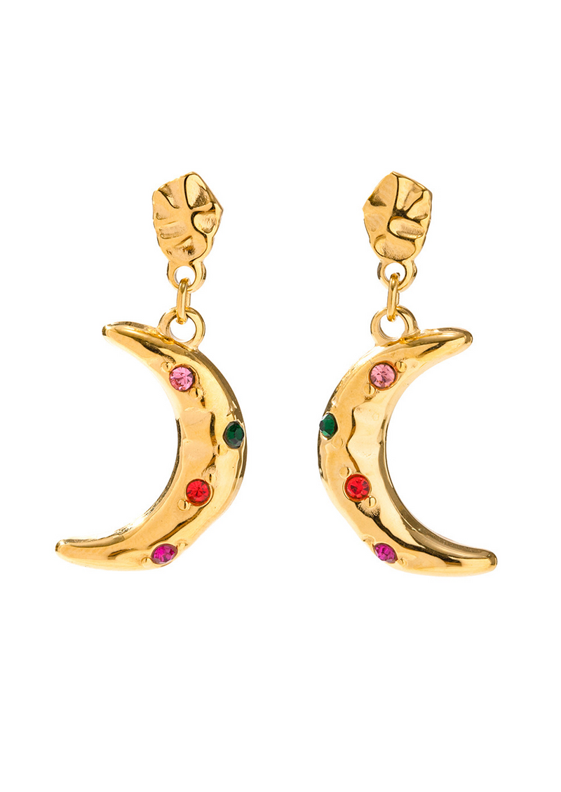 Maya Colored Stone Golden Moon Earrings