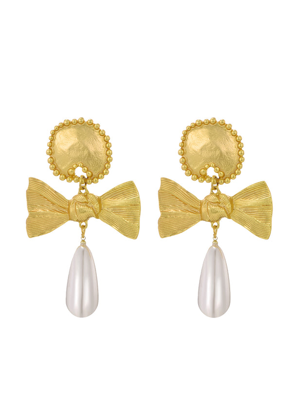 Giant Bowknot Pearl Golden Earrings