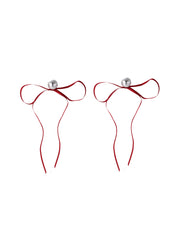 Red Bow Long Ribbon Earrings