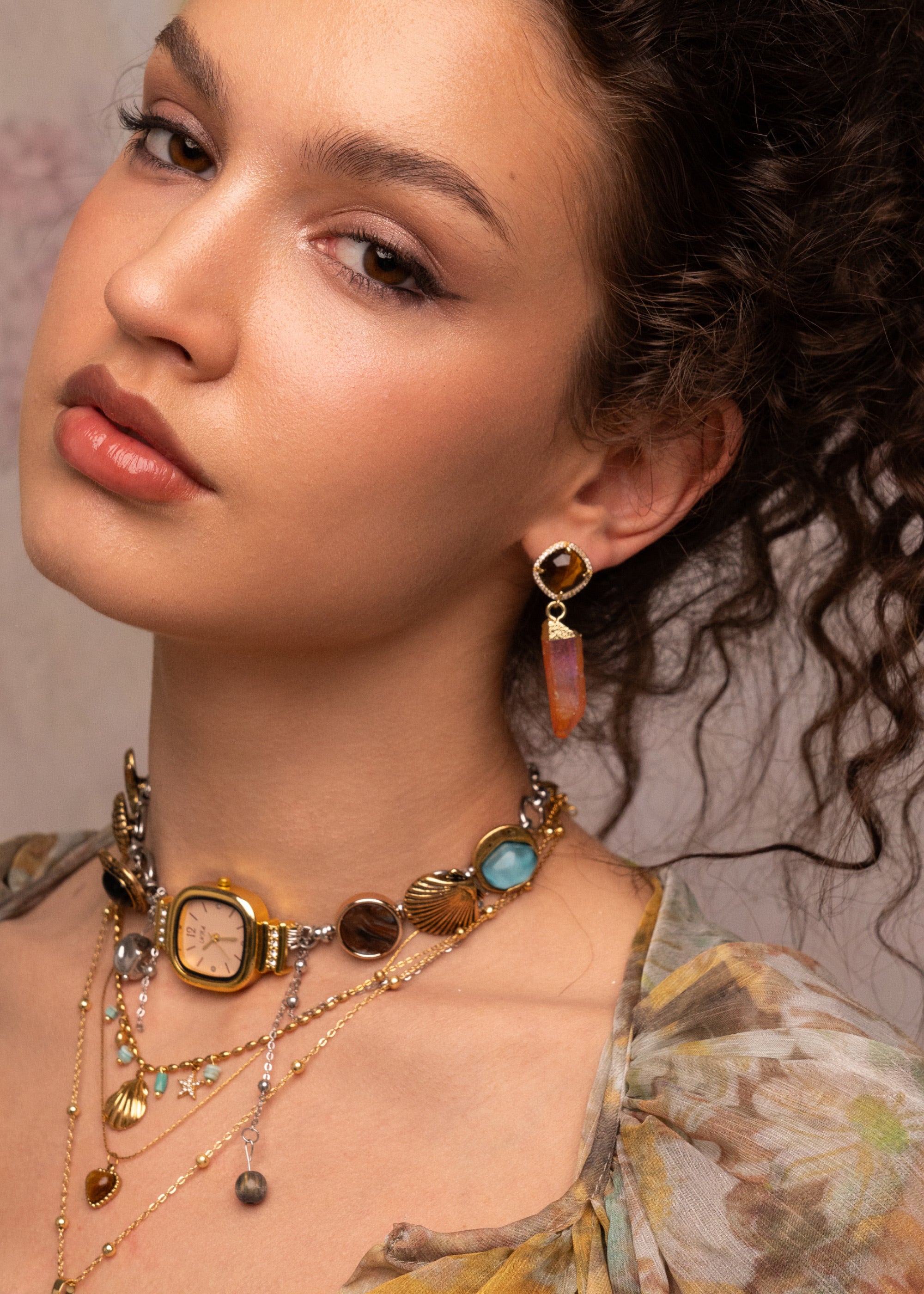 Darcy Orange Pink Natural Stone Golden Earrings