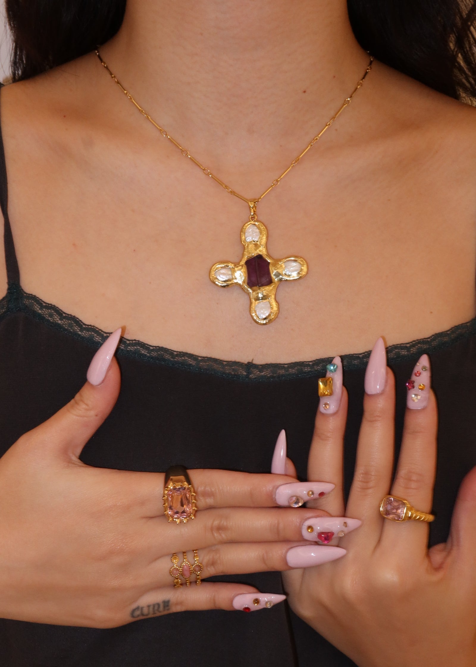 Paul Purple Crystal Shell Cross Golden Necklace