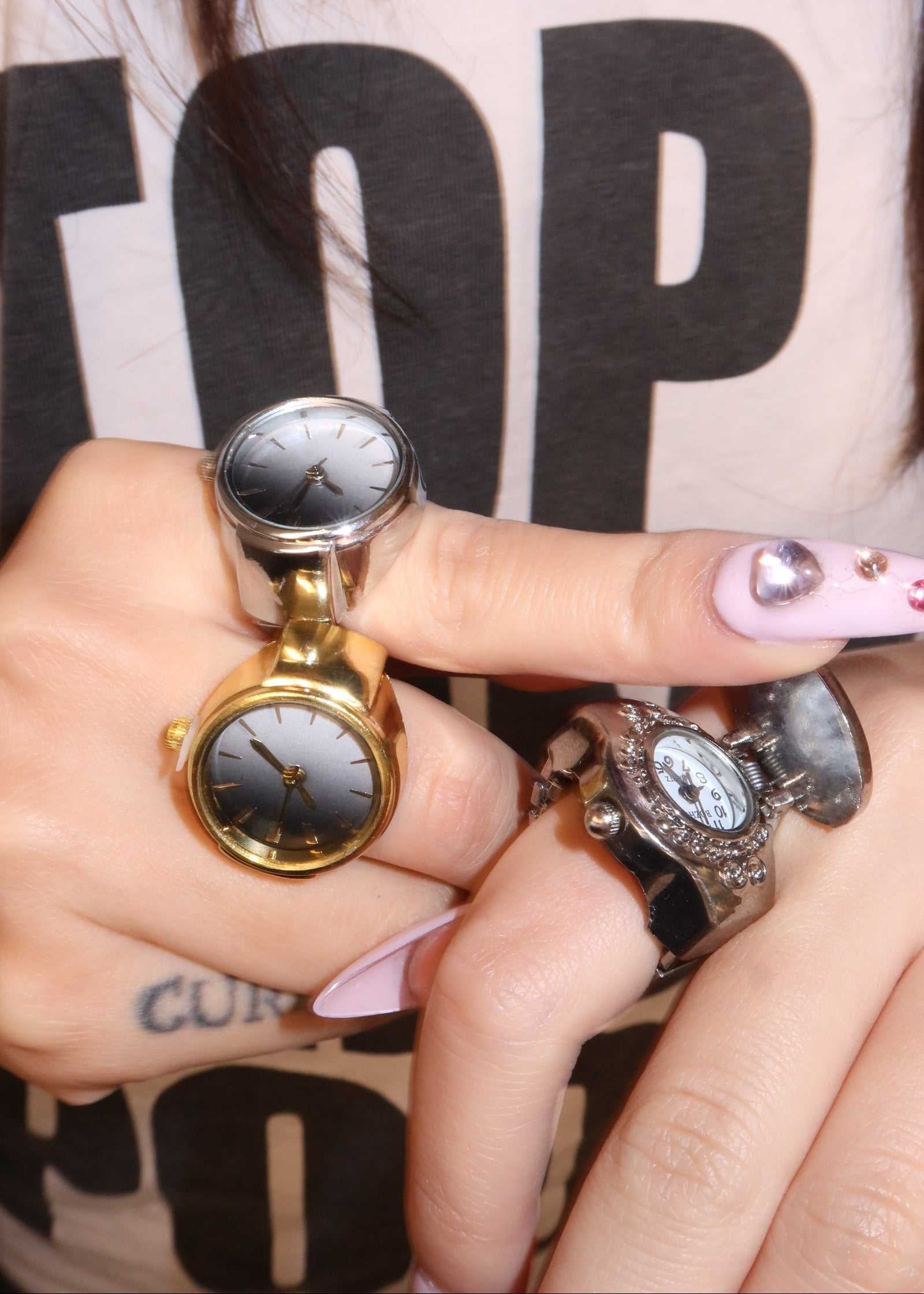 Midnight O'Clock Black White Adjustable Silver Watch Ring