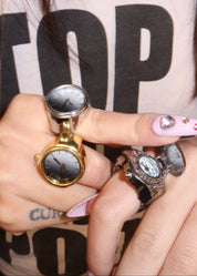 Midnight O'Clock Black White Adjustable Silver Watch Ring