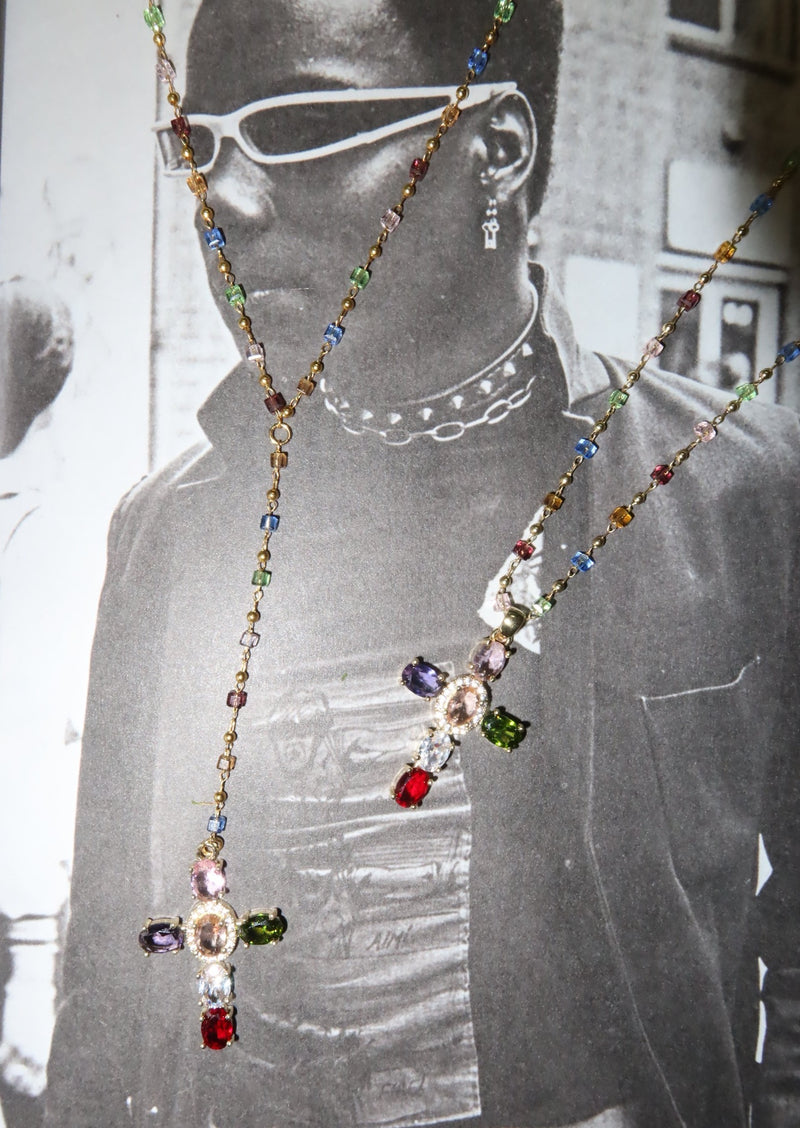 Geraldine Colorful Crystal Cross Lariat Necklace