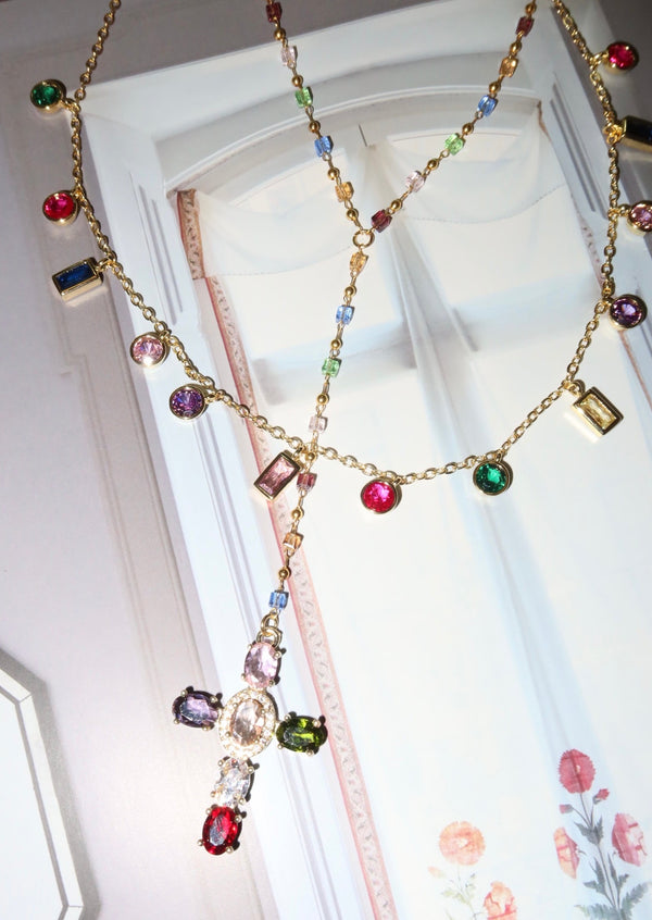 Geraldine Colorful Crystal Cross Lariat Necklace
