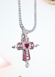 Trya Red Heart Cross Glitterling Necklace - Royal