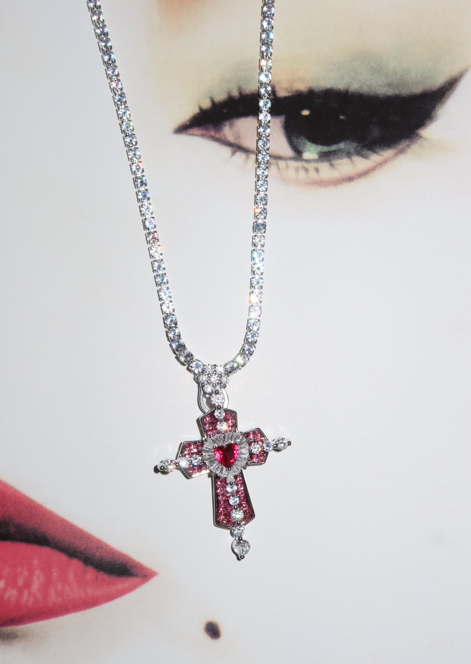 Trya Red Heart Cross Glitterling Necklace - Royal