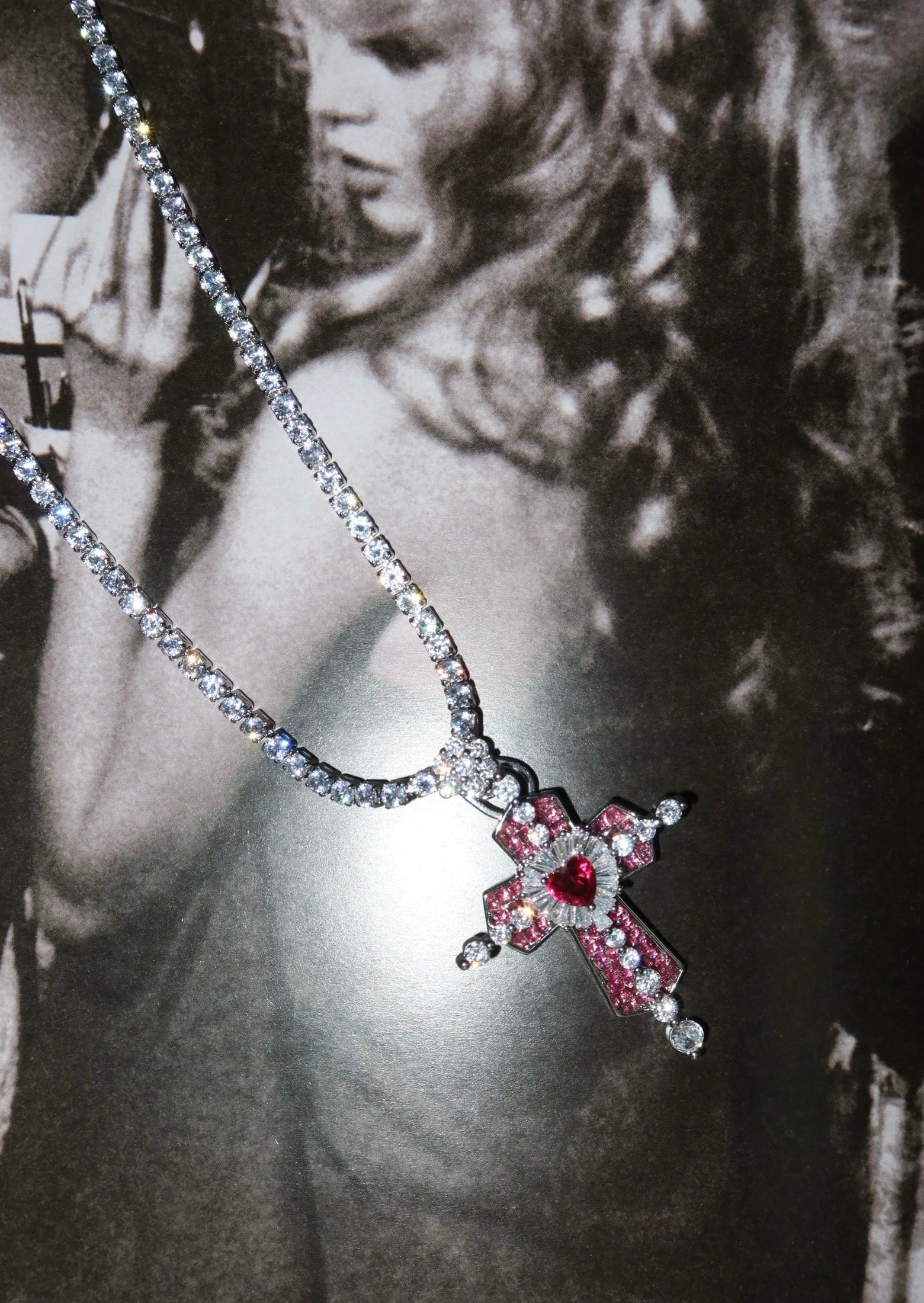 Trya Red Heart Cross Glitterling Necklace - Royal